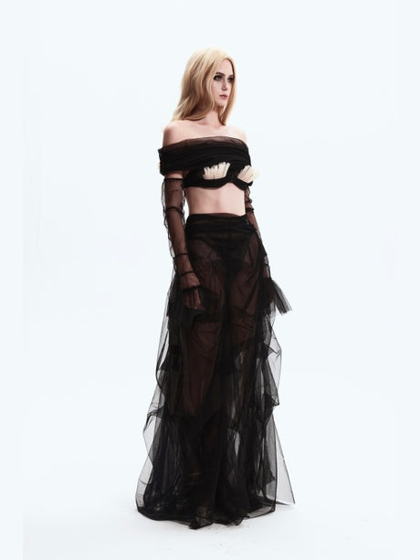 Bra Petal-shaped Off-shoulder Mesh Top (three-piece Set)