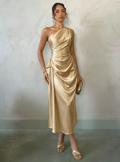 Off-the-shoulder Satin Pleated Maxi Dress