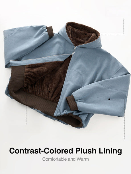 Short Plush Ins Contrasting Colors Hooded Zipper Jacket
