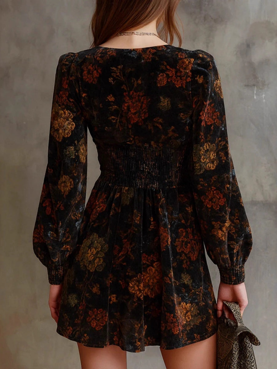 Printed V-neck Velvet Mini&Short Dresses