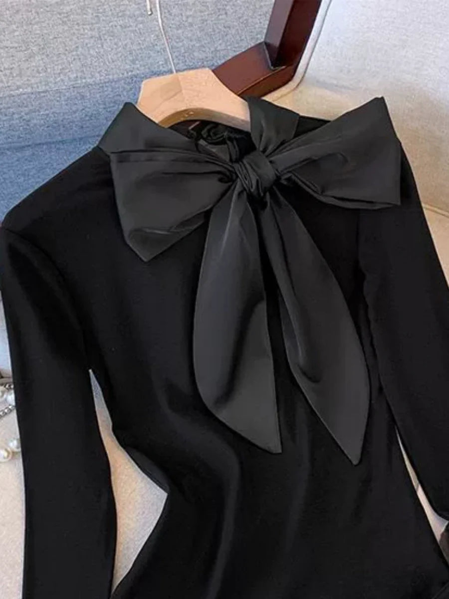 Black Big Bow Ribbon Long-sleeved Base Layer Fitted Top