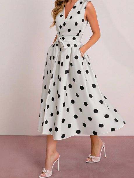 Polka Dots Sleeveless Waist Midi Dresses