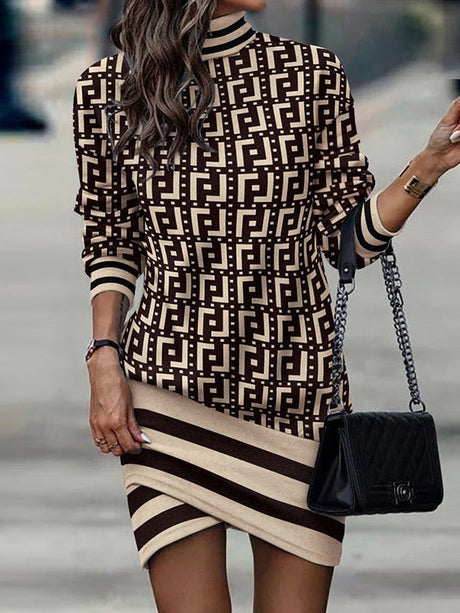 Long-sleeved Turtleneck Printed Short Dress