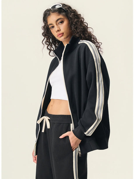 Stripes College Style Zipper Stand Collar Jackets