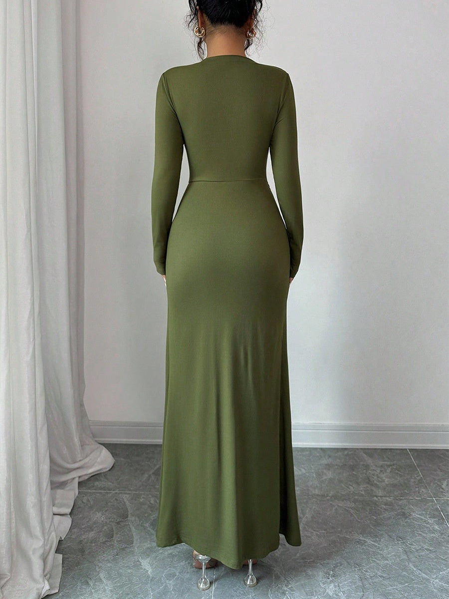 Green Metal Decoration Long Sleeve Hip Knitting Stretch Maxi Dresses