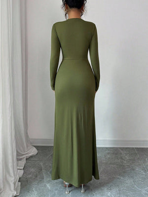Green Metal Decoration Long Sleeve Hip Knitting Stretch Maxi Dresses