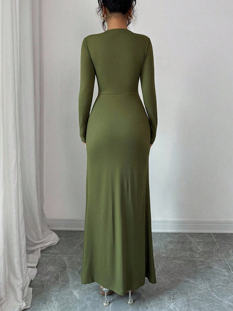 Green Metal Decoration Long Sleeve Hip Knitting Stretch Maxi Dresses