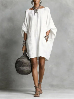 Linen-style Batwing Top, Loose-fitting Midi Dress