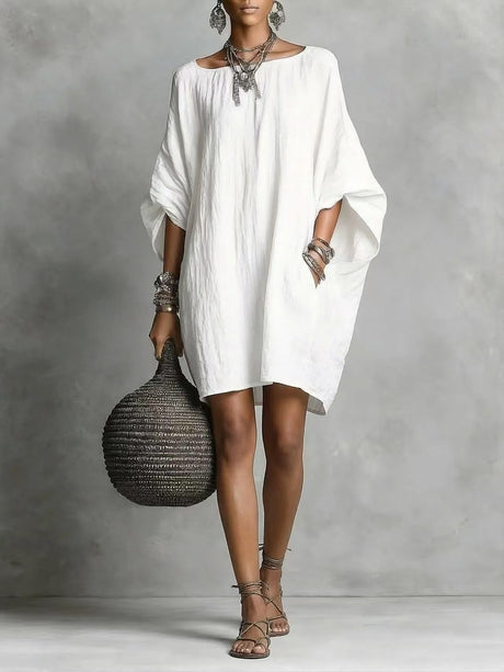 Linen-style Batwing Top, Loose-fitting Midi Dress