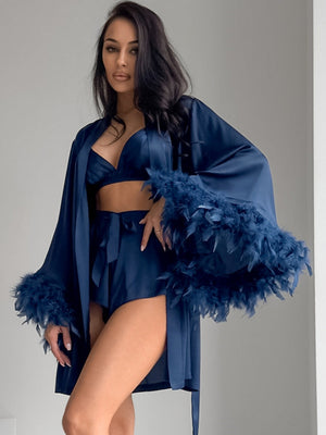 Satin Feather Three-piece Set Of Underwear, Shorts, And Bathrobe Sleepwear