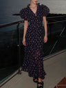 Printed Chiffon Temperament Wood Ear V-neck Puff Sleeve Maxi Dresses
