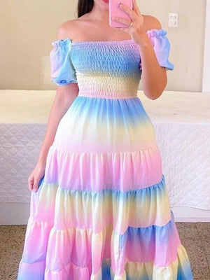 Gradient Print Bust-high Panel Off-the-shoulder Long Dress