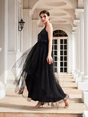 Mesh V-neck High Waist Black Parties Long-sleeved Dress