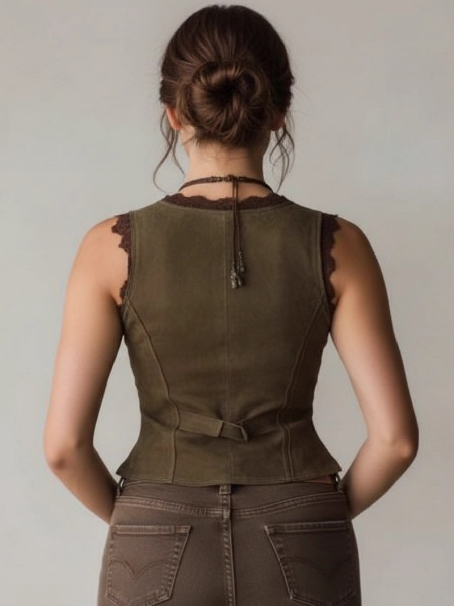 V-neck Lace Trim Single-breasted Velvet Vest