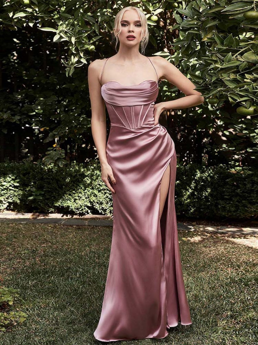 Satin High-waisted, Slit, And Pleated Fishbone Maxi Dresses