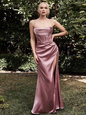 Satin High-waisted, Slit, And Pleated Fishbone Maxi Dresses