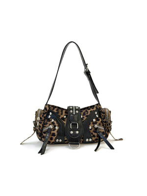 Stylish Leopard Print Edgy Biker Studded Shoulder Bag