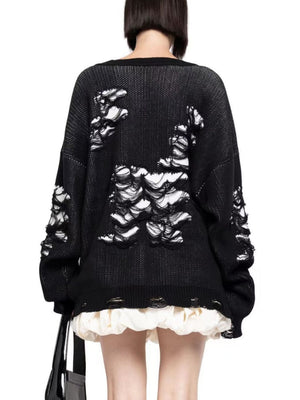 Liber Autumn women's contrast color tattered patchwork pullover sweater