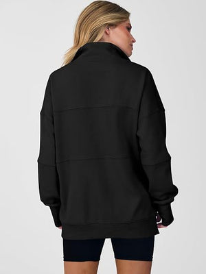 Women's Autumn/Winter Solid Color Half-Zip Long-Sleeve Side-Slit Sweatshirt