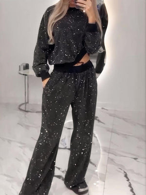 Ensemble 2 pièces : haut sweat-shirt ample à manches longues et col rond, sans capuche et à cordon de serrage, avec pantalon large.