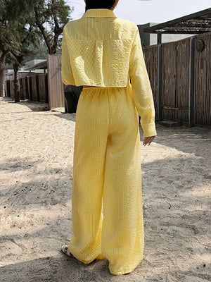 Yellow Casual Long-sleeved Button-down Shirt And Trousers Two-piece Set