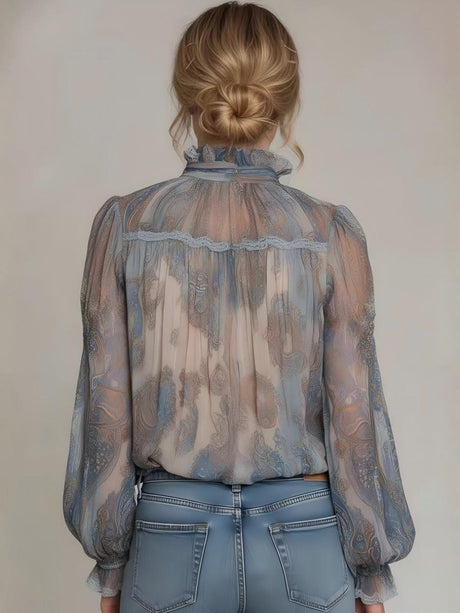 High-neck Floral Print Long-sleeved Shirt