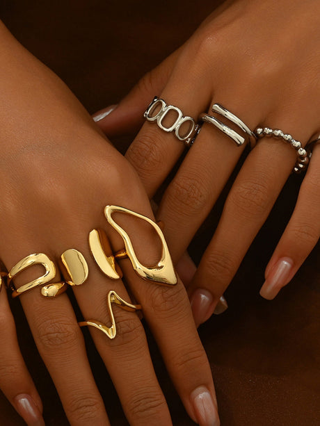 9-piece Set Adjustable Opening Geometric Design Rings