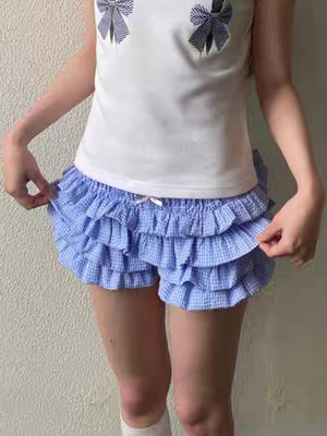 Y2K Checkered With Bow Multi-layered Wavy Lace Sweet Shorts