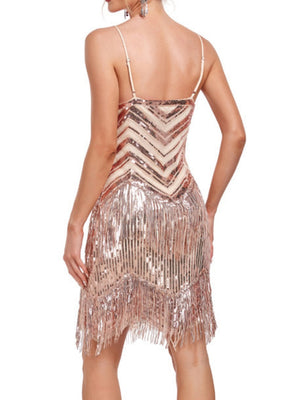 Pink Sequins Flowing Water Color Matching Suspenders Mini&Short Dresses