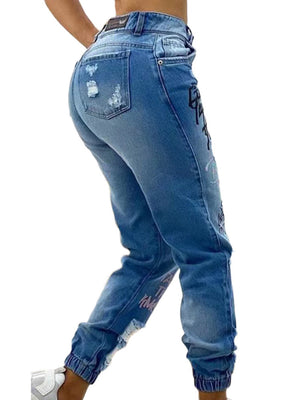 Hole Graffiti Distressed Pencil Pants Jeans