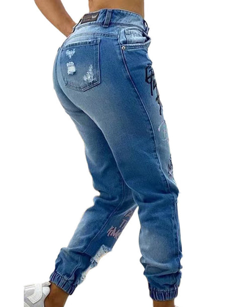 Hole Graffiti Distressed Pencil Pants Jeans