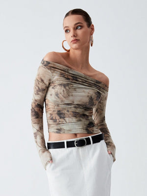 3D Printed Cropped Slim Fit T-Shirt, Retro Sexy Off-Shoulder Pleated Top