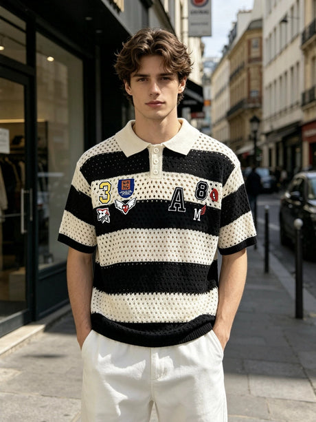 College Style Stripes Hollow Out Badge Embroidery POLO Shirt