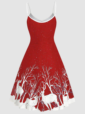 Christmas White Deer Print Suspenders Lace Up Large Skirt Midi Dresses