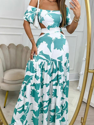 Bare Waist Printed One-shoulder Collar Maxi Dresses