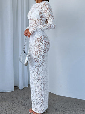 Lace See-through Sexy Mesh Round Neck Long Sleeve Maxi Dresses