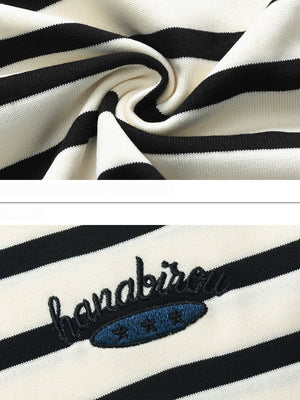 Color-blocked Stripes Letter Applique T-shirts