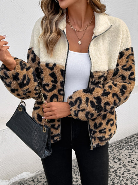 Splicing Zipper Leopard print apricot pocket jacket