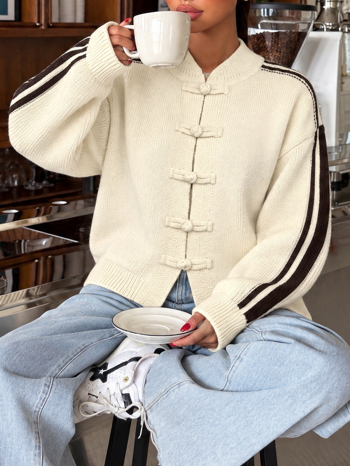 Simple Chinese Style Stand-up Collar Color-blocked Striped Button Sweater