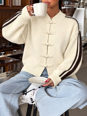 Simple Chinese Style Stand-up Collar Color-blocked Striped Button Sweater