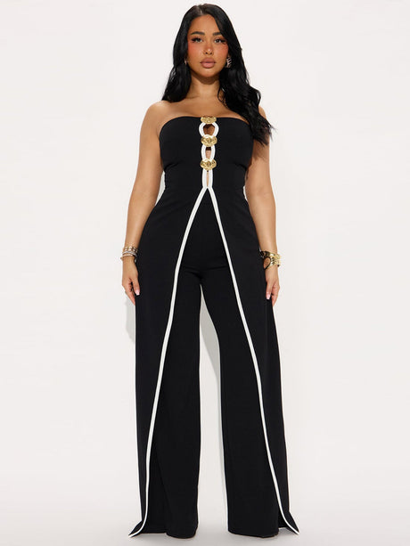 Strapless Faux Two-Piece Sleeveless Metal Buckle Jumpsuits