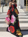 Off-the-shoulder Floral Print Long Dress