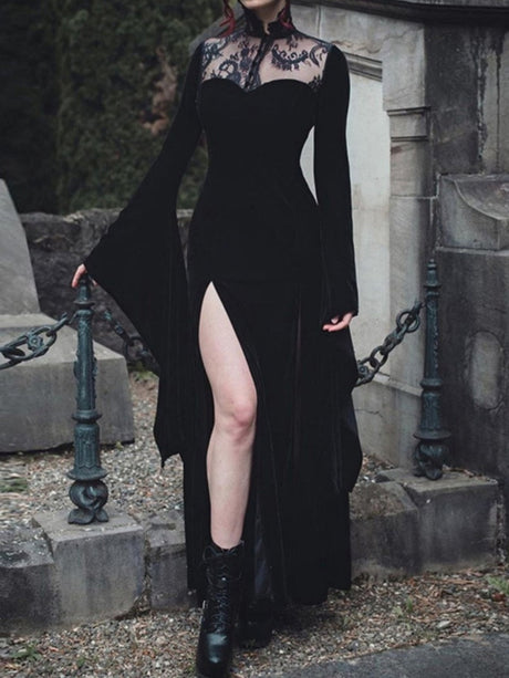 Halloween Slit Black Lace Stitching Maxi Dresses