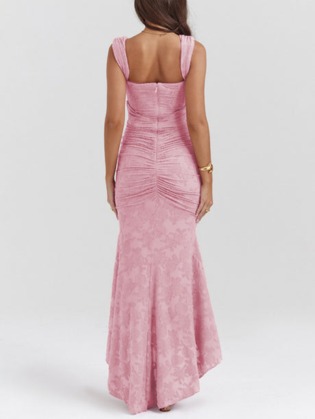 Jacquard Print Pleated Waist Spaghetti Strap Backless Mermaid Tail Maxi Dresses
