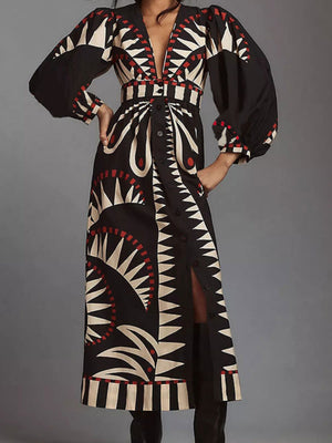 Floral Print Bohemia V-neck Lantern Sleeves Maxi Dresses