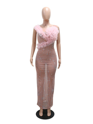 Robe de soirée maxi moulante à dos nu transparent ornée de strass scintillants et de fleurs 3D, col rond.