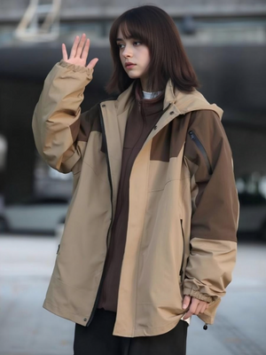 Workwear Style Color Matching Zipper Hooded Coat