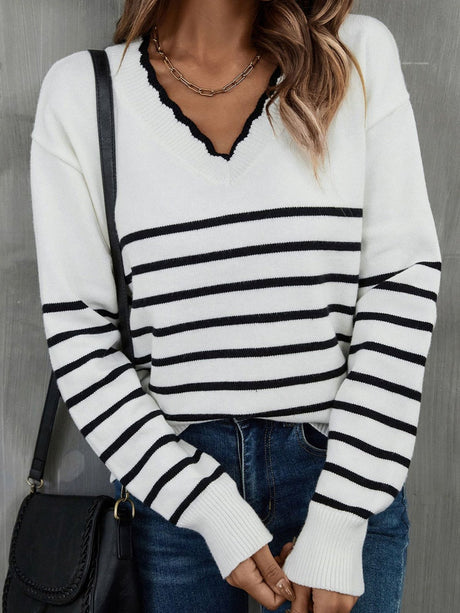 Stripes V-neck Color Matching Knitted Sweater