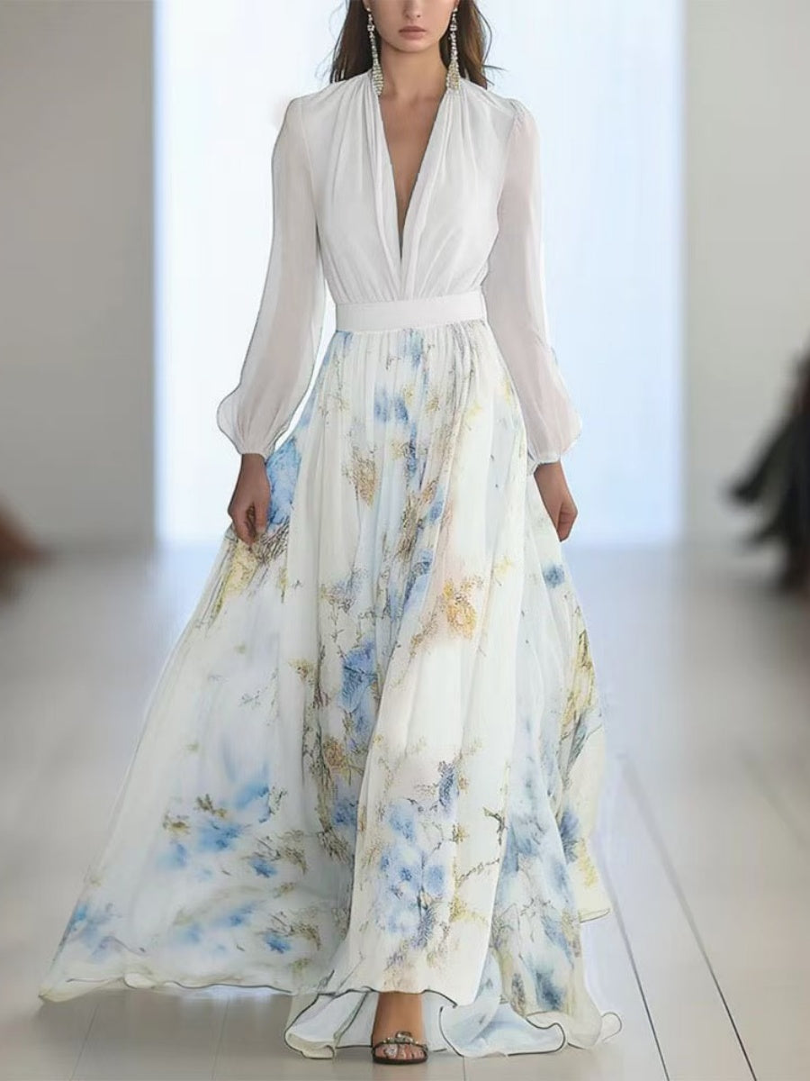 Floral Print With Ribbon Long Sleeve V-neck Patchwork Long Dress