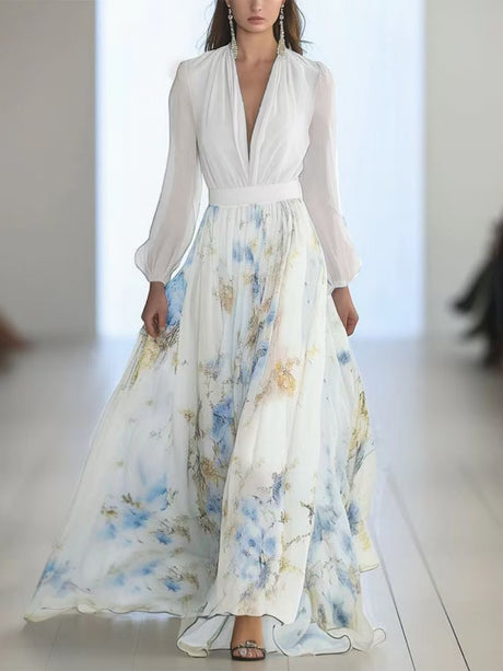 Floral Print With Ribbon Long Sleeve V-neck Patchwork Long Dress